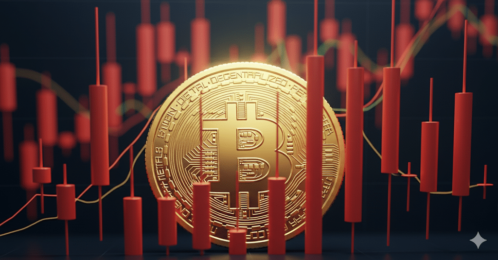 A large golden Bitcoin symbol is prominently displayed in the foreground, surrounded by candlestick charts in red and green on a dark background, representing cryptocurrency market trends.