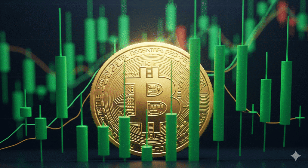 A digital representation of a Bitcoin coin with the Bitcoin logo in the foreground, set against a background of green candlestick charts, symbolizing cryptocurrency market activity.