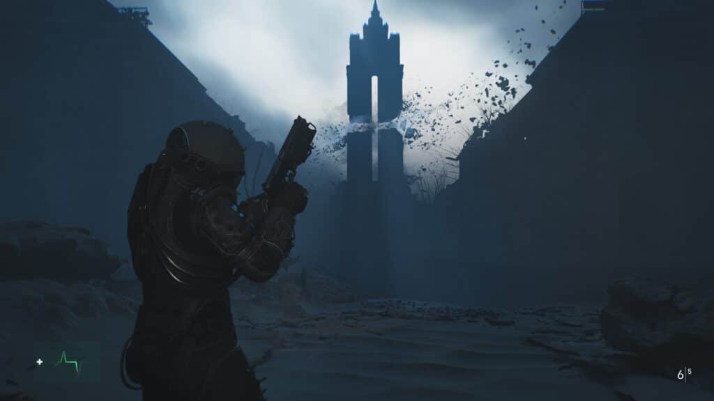 A figure in dark armor and helmet holding a weapon stands in a desolate, foggy landscape with a tall, crumbling structure in the background.