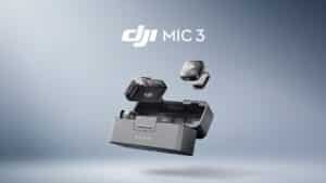 DJI Mic 3 wireless microphone system with two transmitters and a charging case against a gradient background.