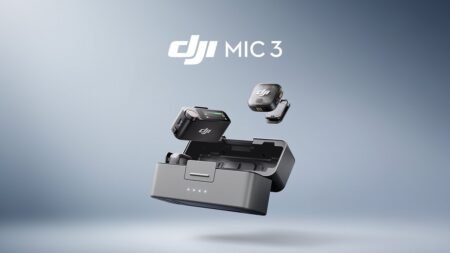 DJI Mic 3 wireless microphone system with two transmitters and a charging case against a gradient background.