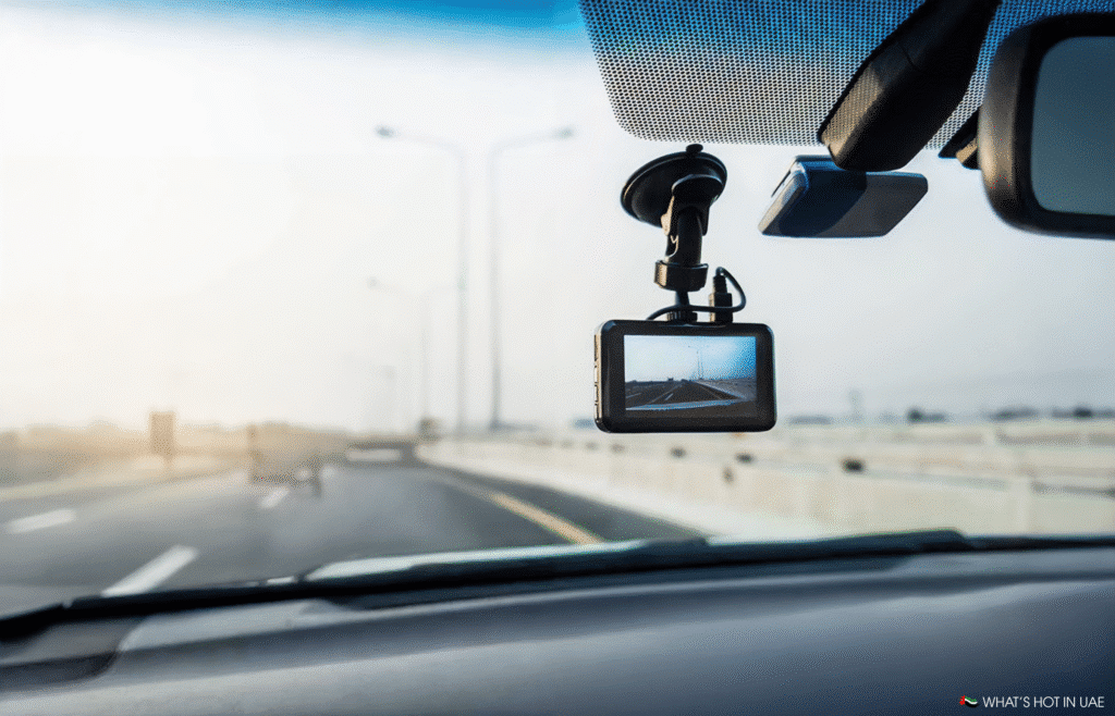 A dashboard camera mounted on the windshield of a moving car, capturing a view of a highway with several lanes, as seen through the windshield.