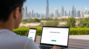 A person sitting outdoors using a laptop and smartphone learning how check UAE visa status, with a city skyline, including tall skyscrapers, visible in the background.