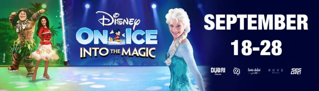 Promotional banner for "Disney On Ice: Into the Magic," featuring characters from Disney movies, with dates "September 18-28" and various sponsor logos, set against a colorful and icy background.