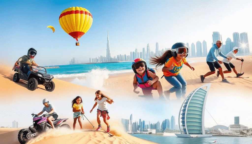 Collage of various activities in Dubai, including desert driving, dune skiing, and children playing, set against a backdrop of modern skyscrapers and a hot air balloon in the sky.
