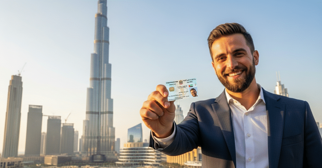 A man in a suit smiling and holding up an identification card with the Burj Khalifa skyscraper in the background under a clear blue sky.