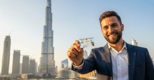 A man in a suit smiling and holding up an identification card with the Burj Khalifa skyscraper in the background under a clear blue sky.