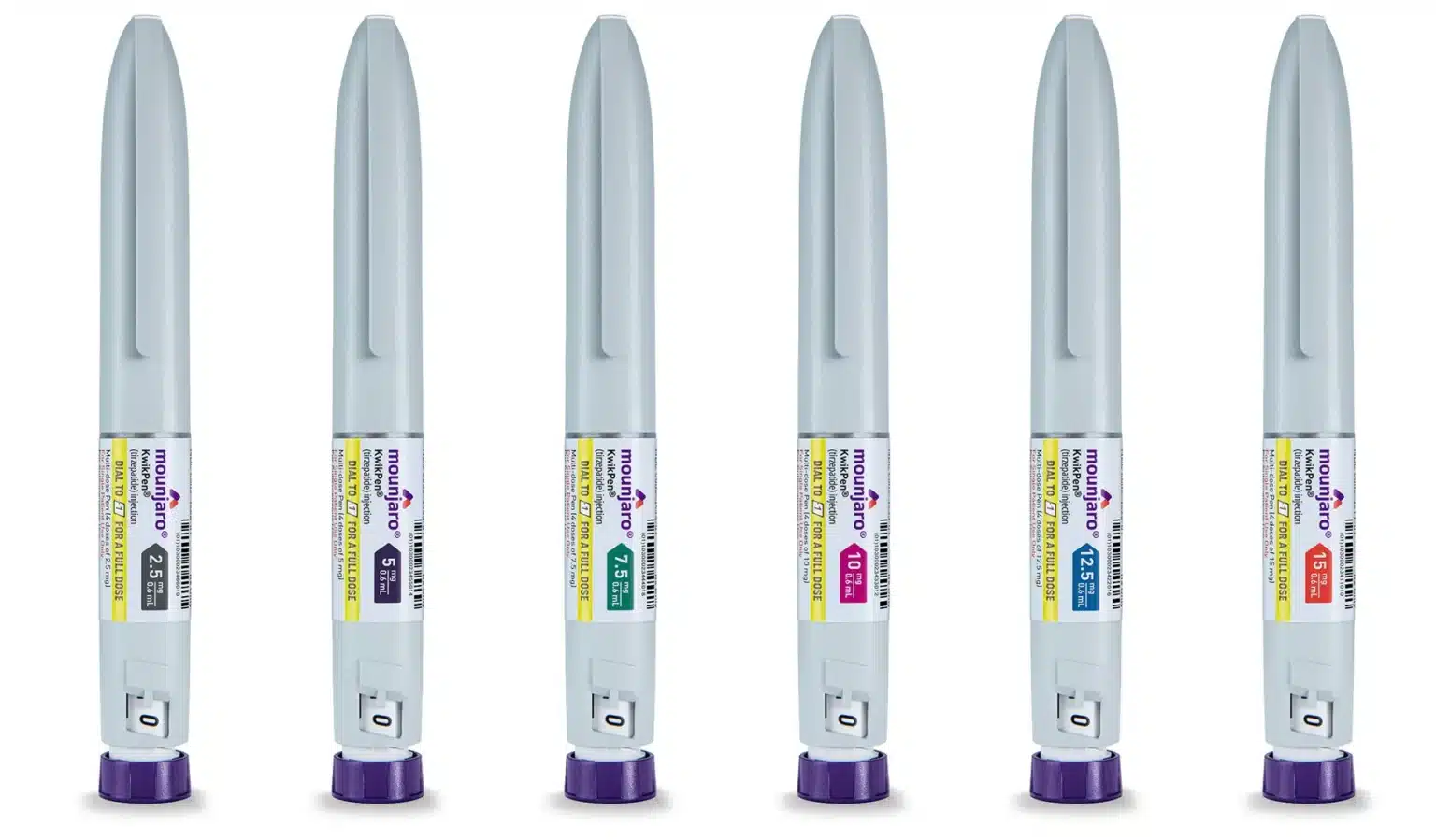 Six gray injectable pens with purple caps labeled "Mounjaro," each indicating different dosage strengths ranging from 2.5 mg to 15 mg.