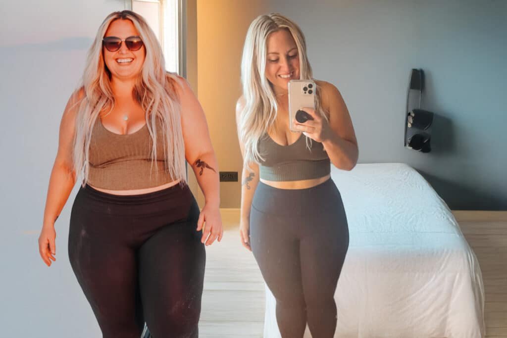Two side-by-side images of the same woman in workout attire. On the left, she is standing outside wearing sunglasses, and on the right, she is taking a selfie indoors in front of a bed.