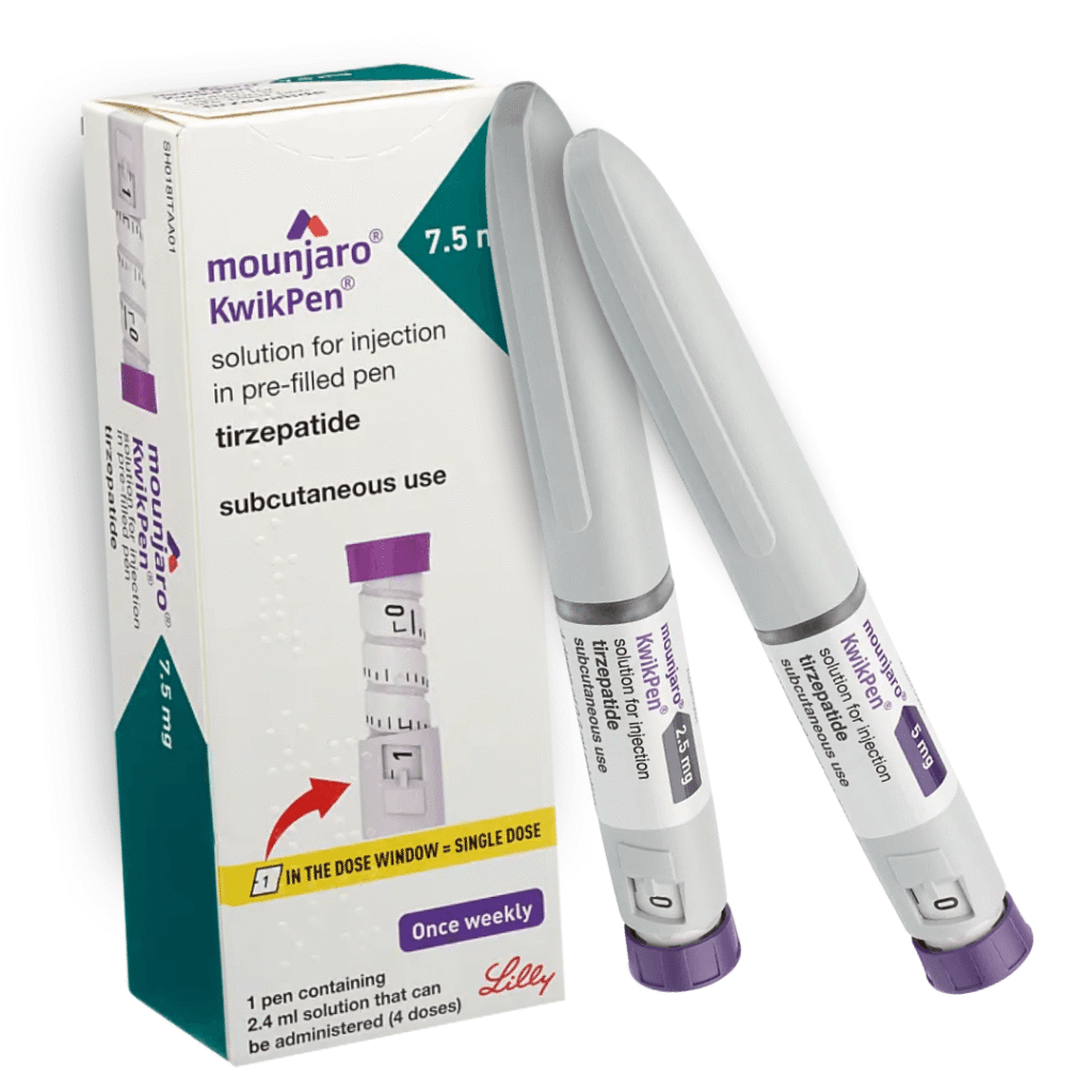 Box and two pens of Mounjaro KwikPen, a 7.5 mg solution for subcutaneous injection containing tirzepatide, packaged for once weekly use.