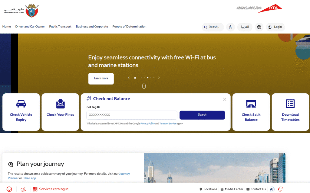 Website of Dubai's Roads and Transport Authority featuring navigation options like "Check Vehicle Expiry," "Check Your Fines," "Check Salik Balance," and "Download Timetables," alongside a banner promoting free Wi-Fi at bus and marine stations.