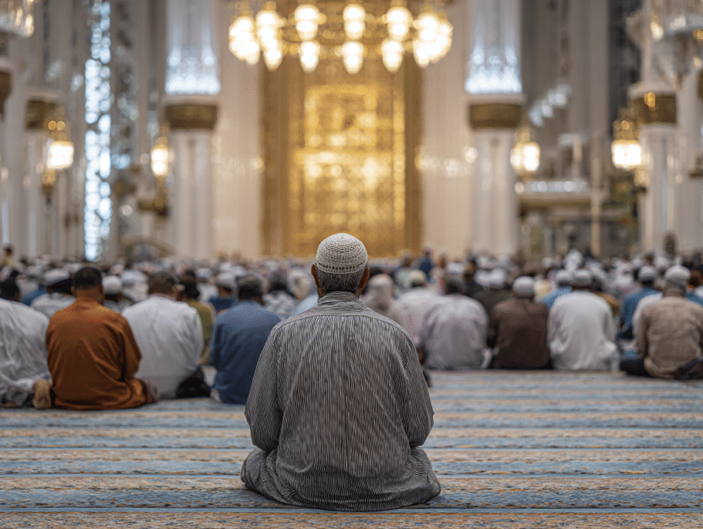 A group of people seated in a large, ornately decorated mosque. The image focuses on the back of a man in the foreground wearing a striped shirt and a white cap, with others seated in rows in front of him. The mosque's interior features grand chandeliers and intricate golden decorations.