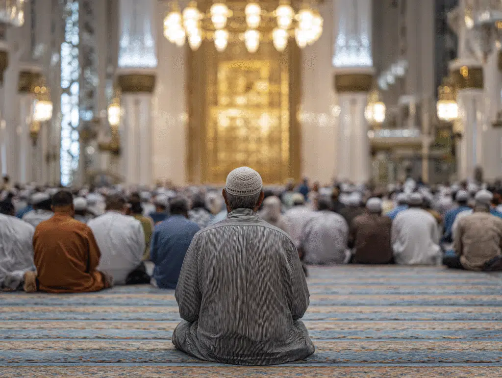 A group of people seated in a large, ornately decorated mosque. The image focuses on the back of a man in the foreground wearing a striped shirt and a white cap, with others seated in rows in front of him. The mosque's interior features grand chandeliers and intricate golden decorations.