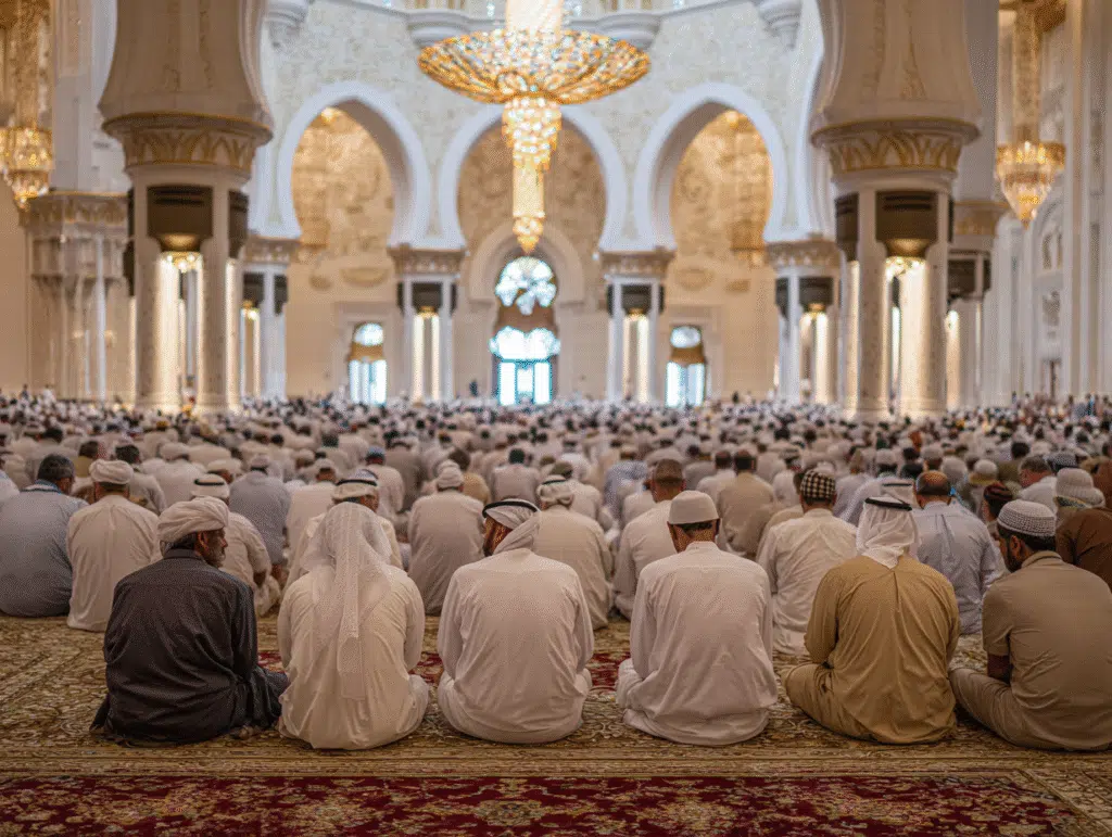 A large group of men in traditional Middle Eastern attire sit and pray inside a grand mosque with ornate architecture and chandeliers.