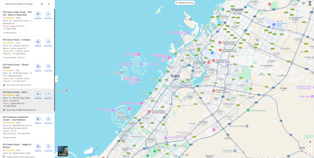 A map of Dubai showing locations of self-service RTA kiosks. On the left, a list details various RTA kiosks, their ratings, addresses, and operating hours. The map on the right highlights these kiosk locations across Dubai.