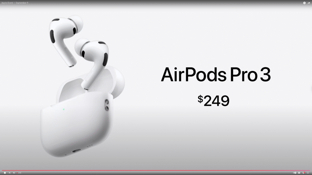 Image of AirPods Pro 3 wireless earbuds in a charging case, with the price $249 displayed beside them.
