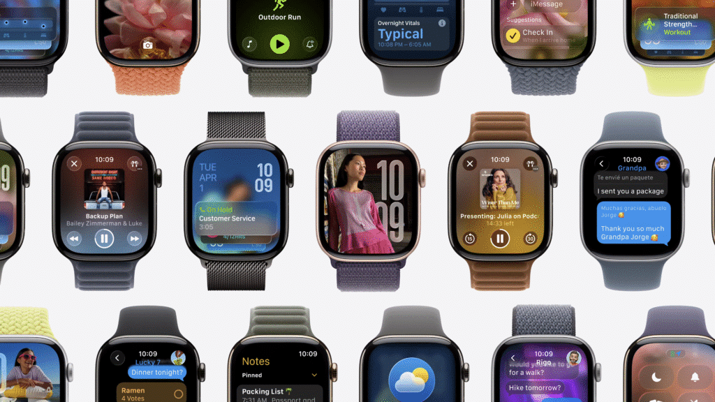 A grid of smartwatch displays showcasing various apps and features, including music playback, messaging, fitness tracking, and weather updates, each with different watch bands and interface designs.