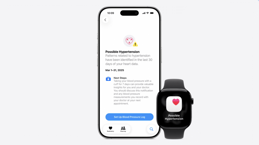 A smartphone and smartwatch display a notification about possible hypertension, urging users to monitor blood pressure for insights and next steps.