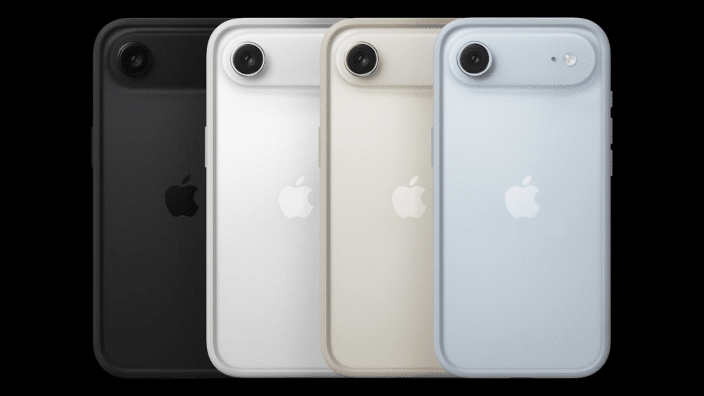 Four iPhones in different colors—black, white, gold, and blue—displayed side by side, showing the back with camera and Apple logo.