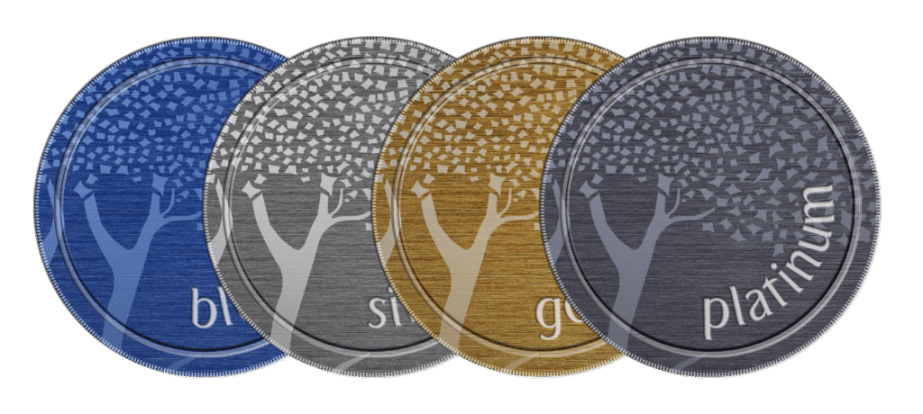 Four overlapping metallic coins in blue, silver, gold, and platinum colors, each with a stylized tree design and labeled "blue," "silver," "gold," and "platinum."