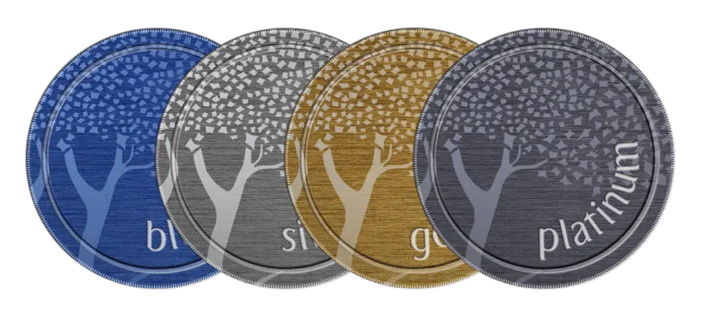 Four overlapping metallic coins in blue, silver, gold, and platinum colors, each with a stylized tree design and labeled "blue," "silver," "gold," and "platinum."