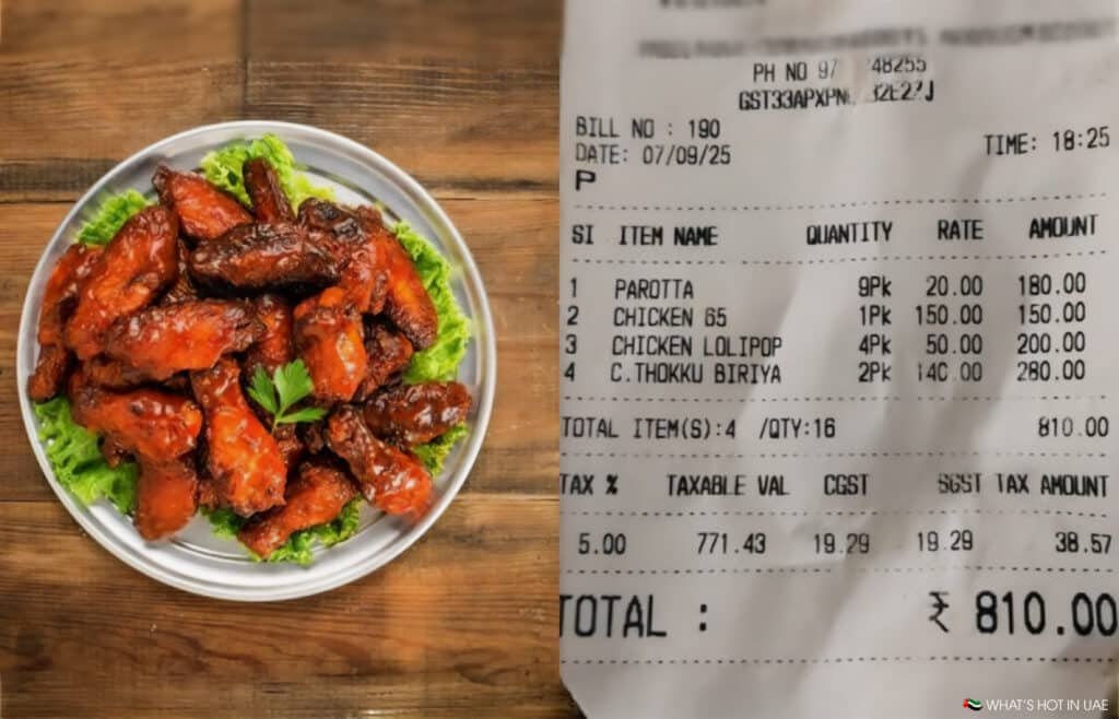 A plate of glazed chicken wings on the left, garnished with lettuce and parsley, next to a restaurant receipt listing items like parotta, chicken 65, chicken lolipop, and biryani with a total amount of 810 INR.