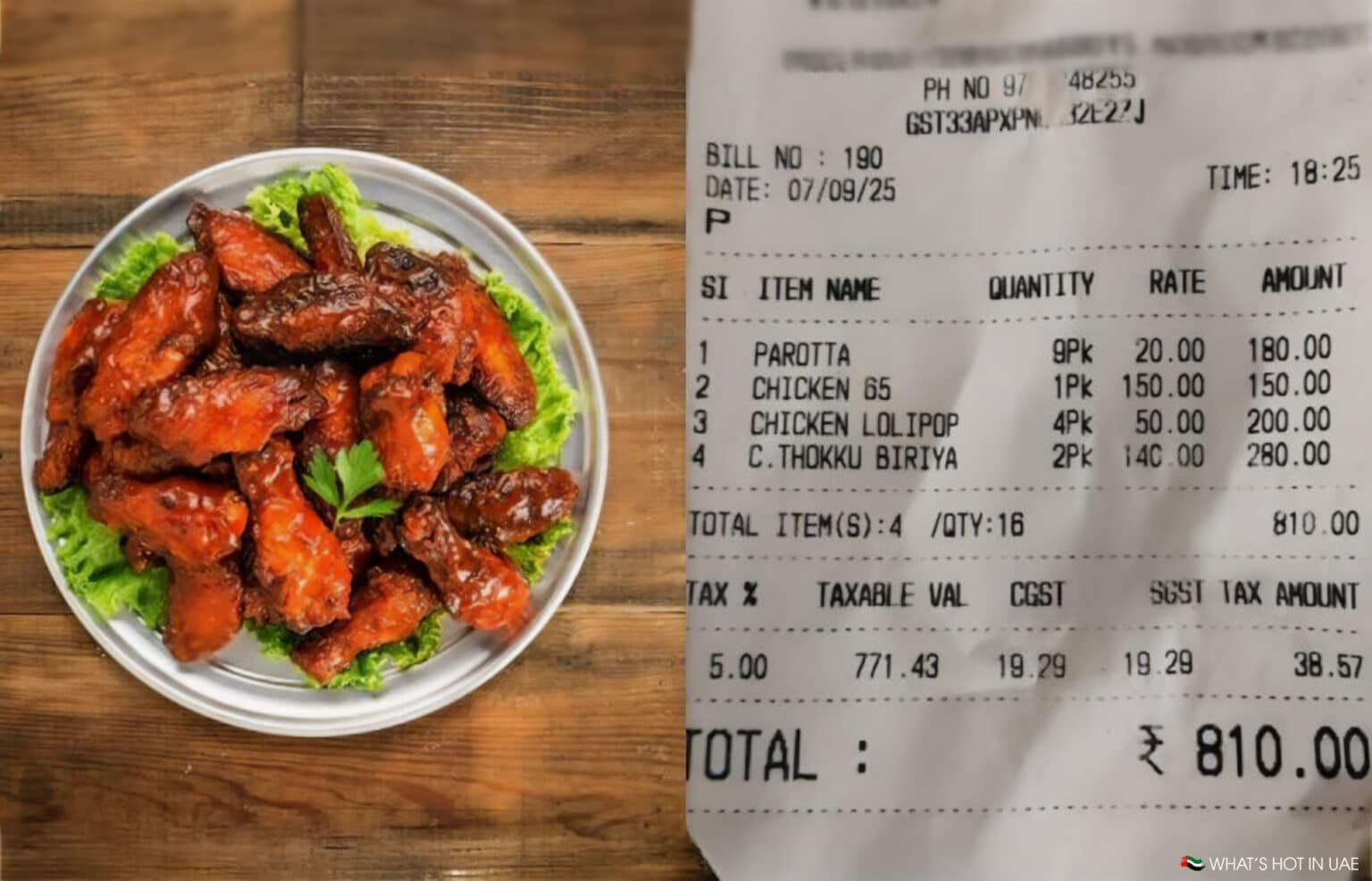 A plate of glazed chicken wings on the left, garnished with lettuce and parsley, next to a restaurant receipt listing items like parotta, chicken 65, chicken lolipop, and biryani with a total amount of 810 INR.