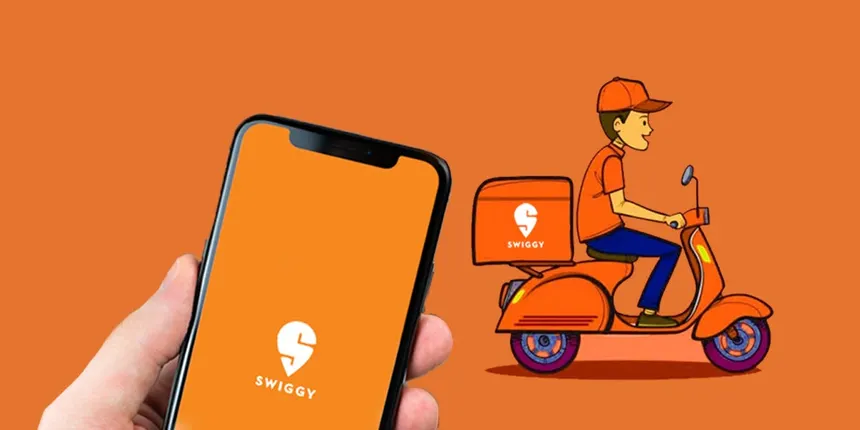 A hand holding a smartphone displaying the Swiggy logo on an orange background, alongside an illustration of a delivery person riding an orange scooter with a Swiggy-branded box.