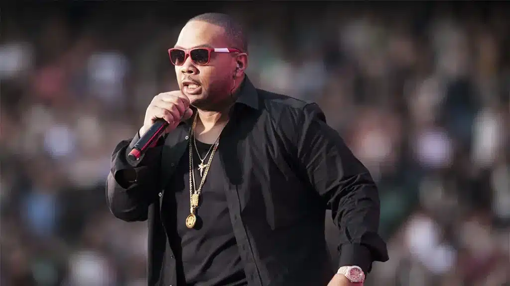 Timbaland wearing sunglasses, a black shirt, and necklaces, holding a microphone while performing on stage.