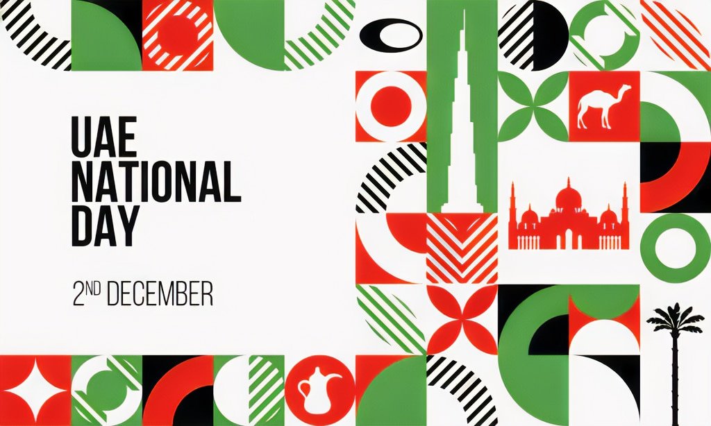 Colorful geometric pattern with iconic UAE landmarks and symbols, including Burj Khalifa, camels, mosques, and date palms, surrounding the text 'UAE National Day 2nd December.' Eid Al Etihad 2025