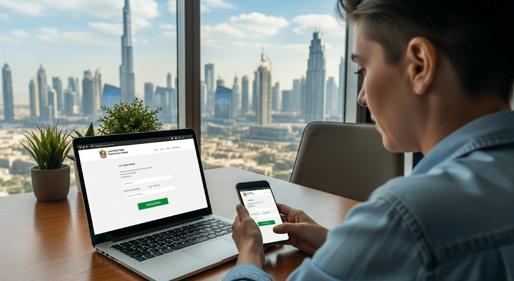 A person using a desktop computer and smartphone to access an online government service portal, with a cityscape visible through a window in the background. This person is learning how to check uae visa staus.