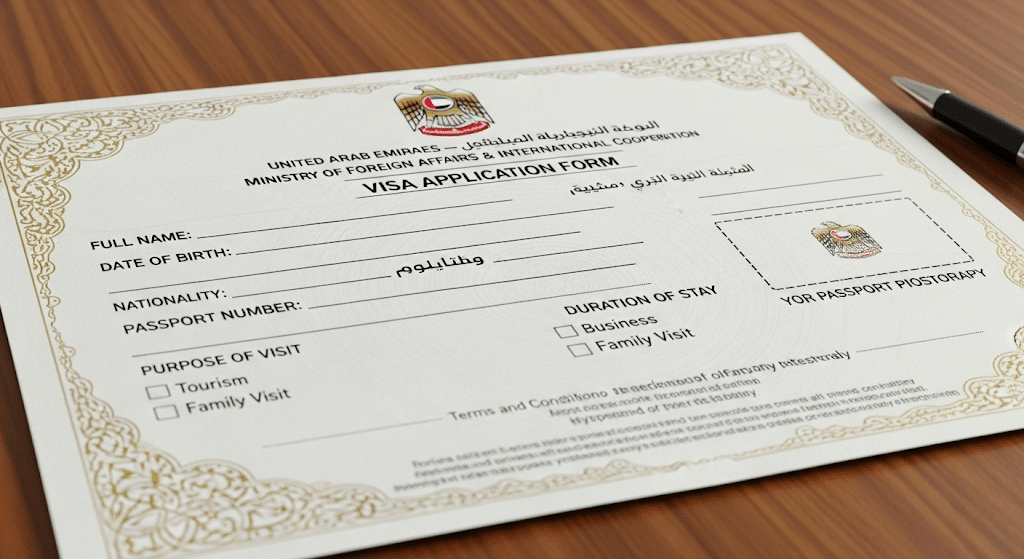A UAE visa application form on a wooden table with a pen beside it, featuring fields for personal information and purpose of visit.