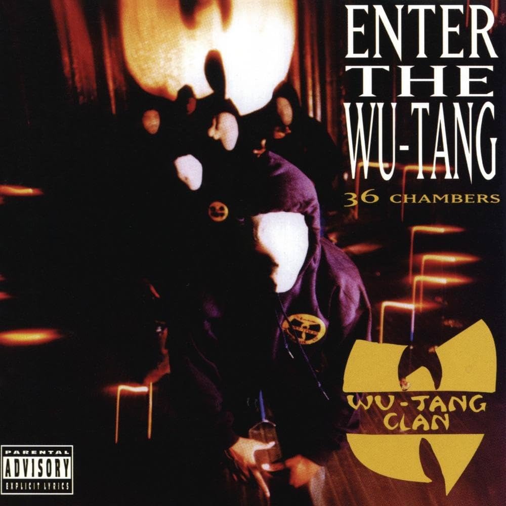 Album cover for "Enter the Wu-Tang (36 Chambers)" by Wu-Tang Clan, featuring masked figures in hooded sweatshirts, the Wu-Tang logo, and the album title in white lettering.