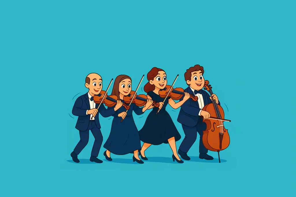 Family and Kids Activities in Dubai: Cartoon illustration of a string quartet performing; three musicians are playing violins, and the fourth is playing a cello, all dressed in formal attire against a blue background.