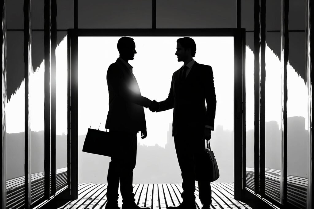 Two silhouetted men in suits shake hands in a modern office setting with large windows and cityscape in the background.