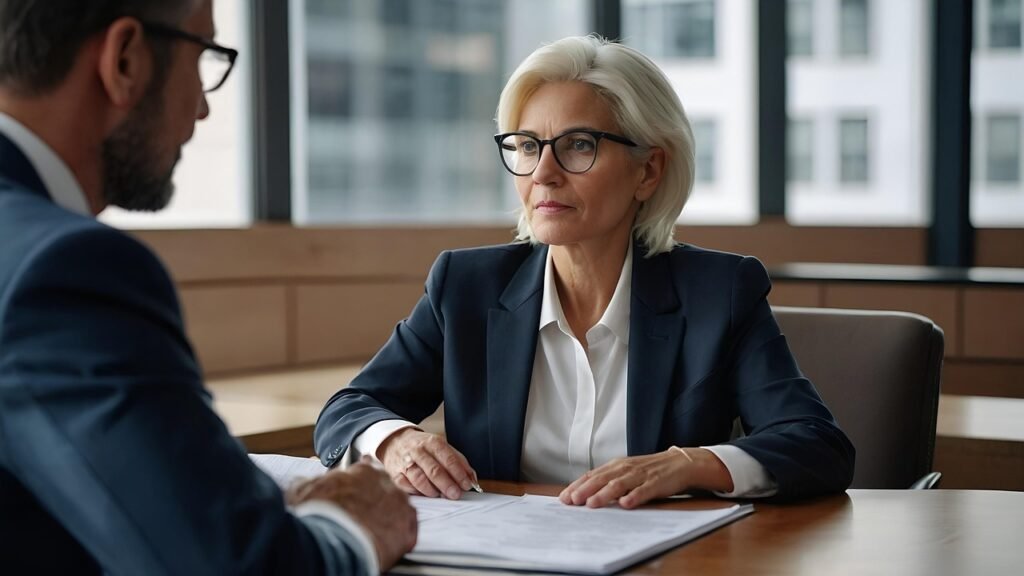 A woman in a suit sitting at a desk with papers in front of her, conversing with a man partially visible in the foreground.