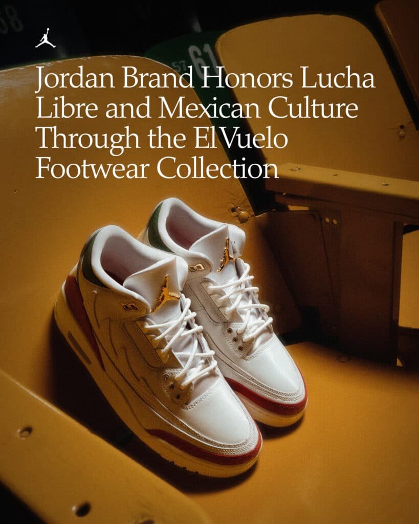 A pair of white and gold-accented sneakers from the Jordan El Vuelo footwear collection, displayed on yellow stadium seats, with text highlighting the collection's tribute to Lucha Libre and Mexican culture.
