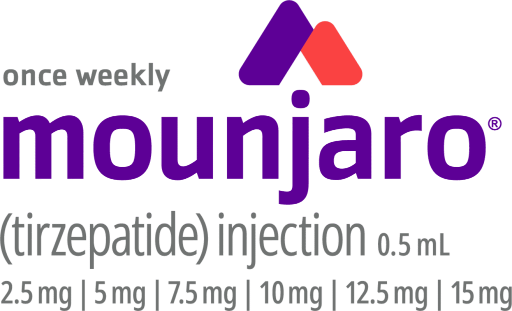 Logo for Mounjaro (tirzepatide) injection, emphasizing its once-weekly dosage of 0.5 mL available in doses ranging from 2.5 mg to 15 mg.