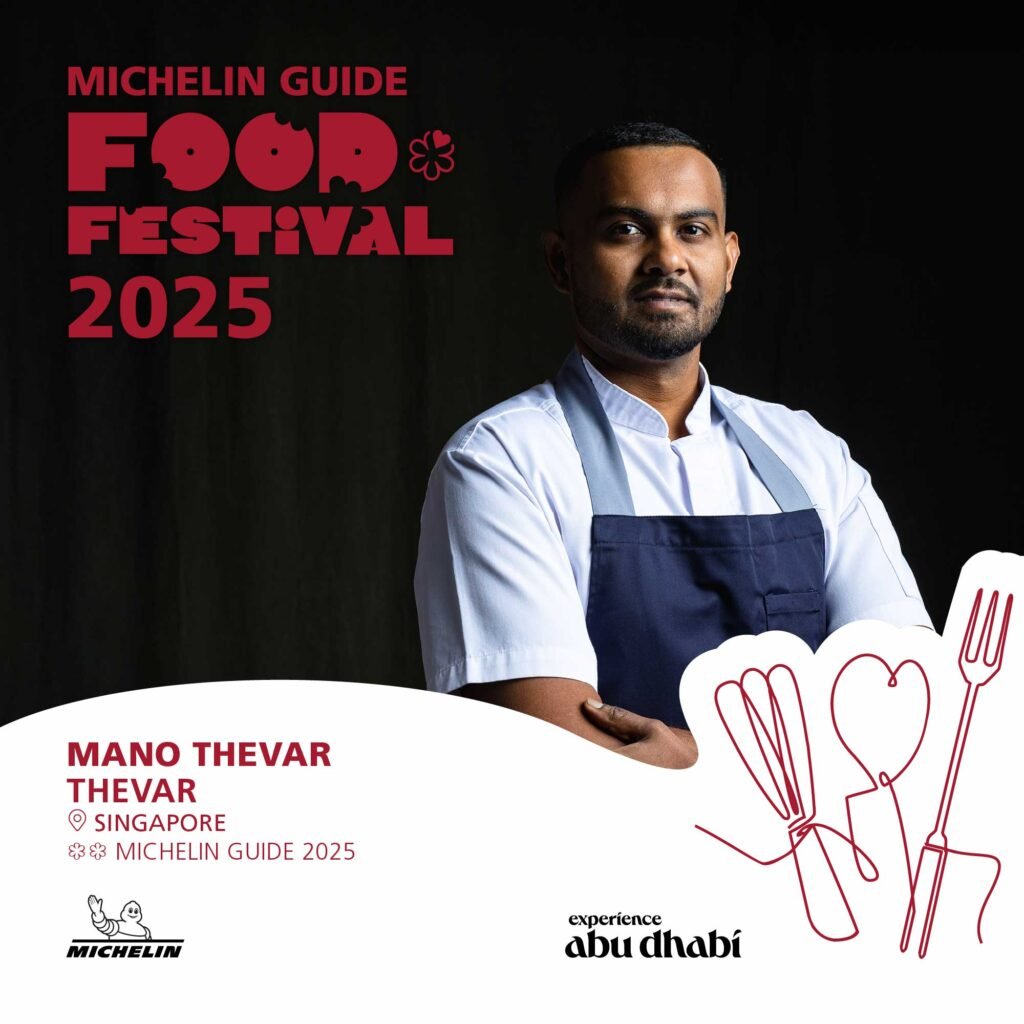 A chef in a white shirt and dark apron stands against a dark background next to text and graphic elements referencing the Michelin Guide Food Festival 2025 in Singapore, with logos for Michelin and Experience Abu Dhabi.
