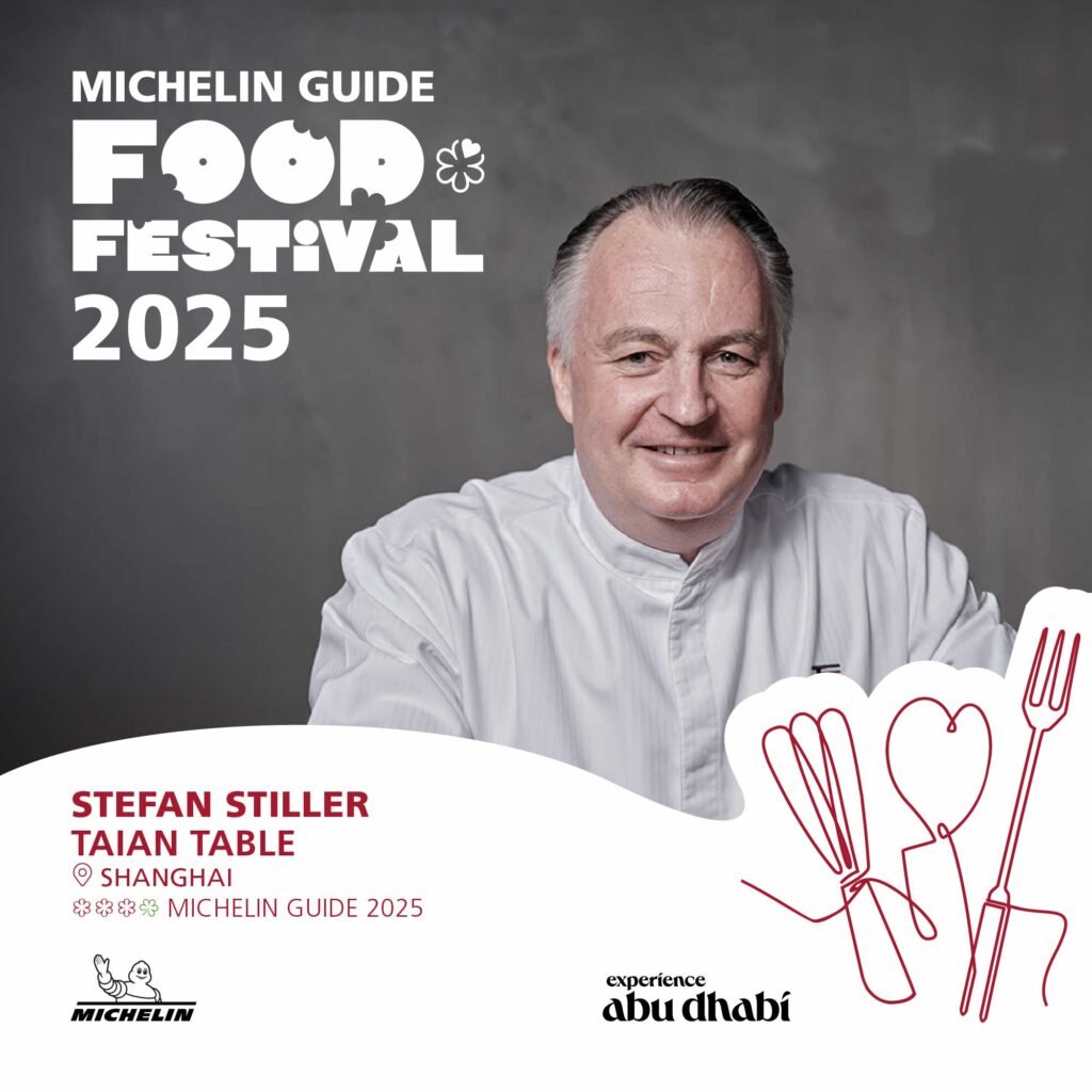 A man in a chef's uniform is smiling, set against a grey background. The image promotes the Michelin Guide Food Festival 2025 with Michelin Guide logos, and mentions Stefan Stiller and Taian Table in Shanghai.