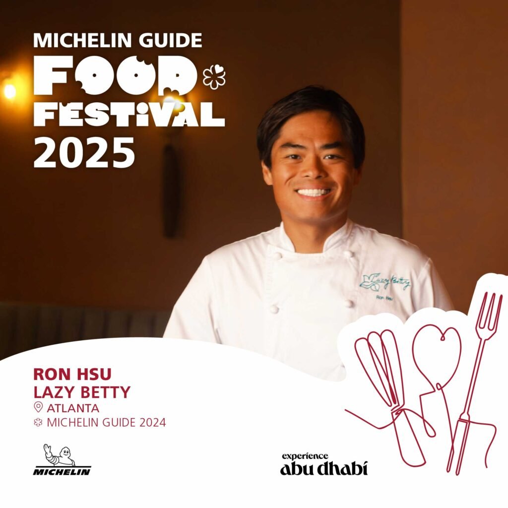 A smiling chef in a white uniform stands against a light brown background. The text on the image promotes the Michelin Guide Food Festival 2025, mentioning Ron Hsu from Lazy Betty, Atlanta, and his inclusion in the Michelin Guide 2024.