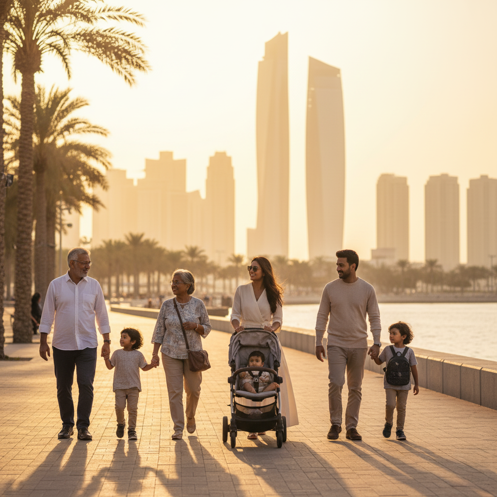 A family of six walking along a waterfront promenade at sunset; two adults with a stroller, two children, and two older adults holding hands, with tall city buildings in the background.