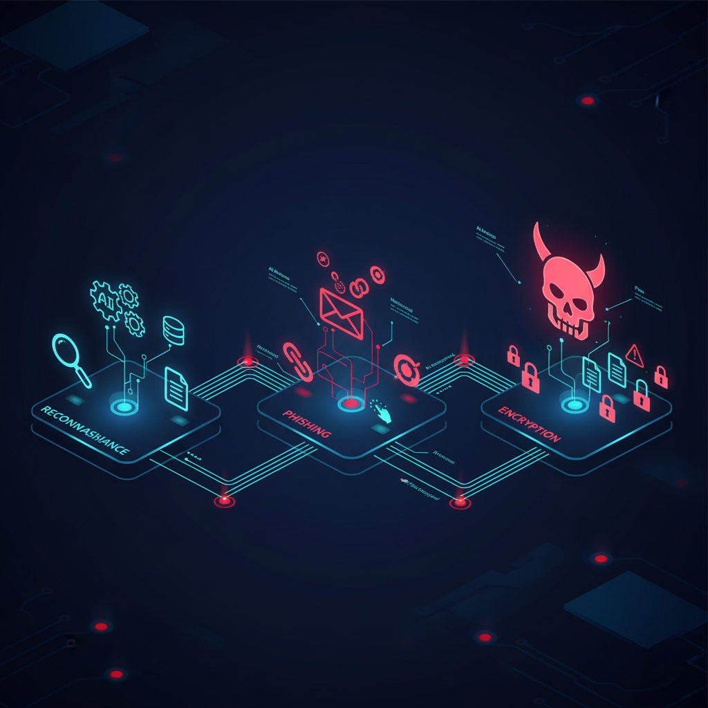 A digital AI Ransomware illustration depicting the stages of a cyber attack, labeled as reconnaissance, phishing, and encryption. Each stage is represented with relevant icons: a magnifying glass and gears for reconnaissance, an email and hook for phishing, and a skull with locks for encryption. The elements are connected by blue and red lines in a dark background.
