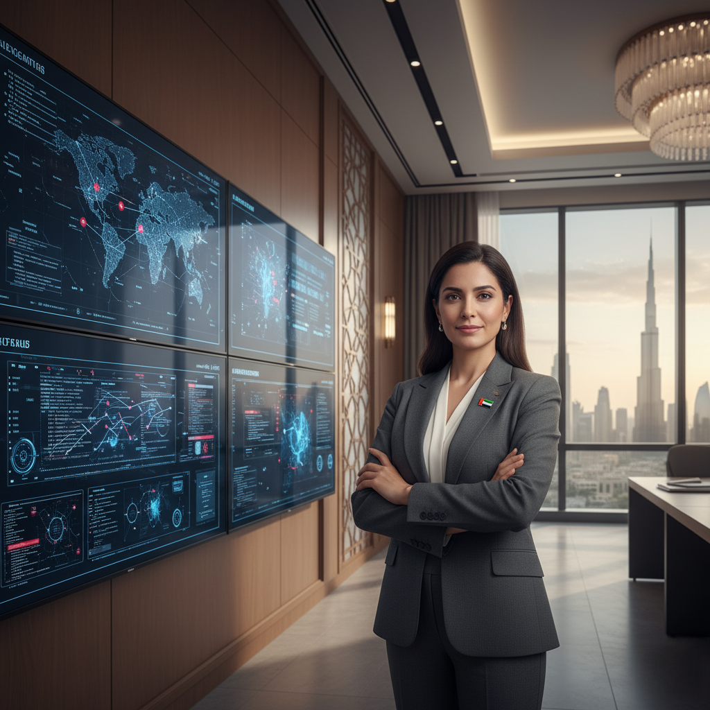 A confident woman in a gray business suit stands with arms crossed in an office with a view of a city skyline, including a tall tower. Behind her are several large screens displaying digital maps and AI Ransomware data visualizations.