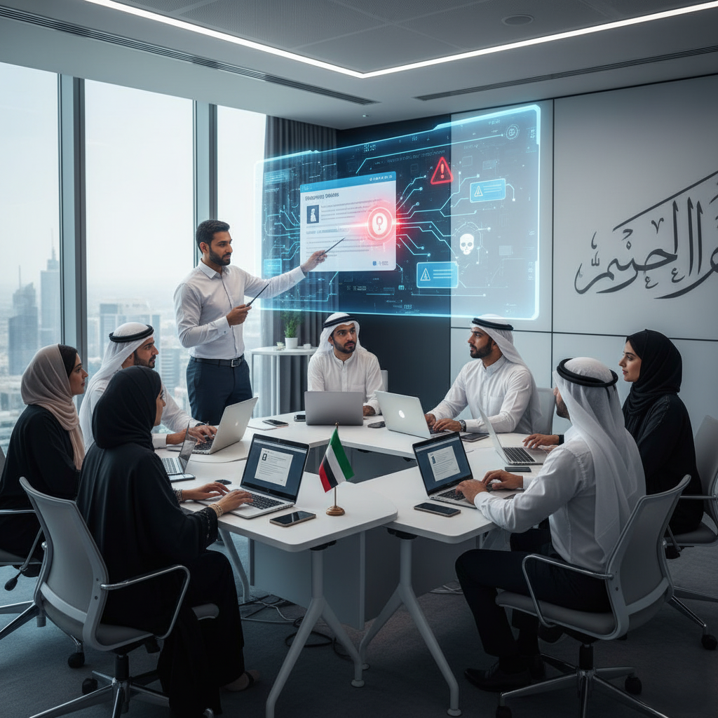 A group of people in traditional attire gathered around a conference table discussing cybersecurity, with laptops open. A man standing points to a digital display on the wall showing security alerts. The setting appears to be a modern office with a city view and a small national flag on the table.