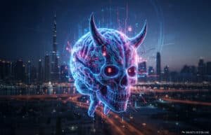A digital depiction of a horned skull made up of circuitry and Bitcoin symbols, floating above a nighttime cityscape with skyscrapers in the background.
