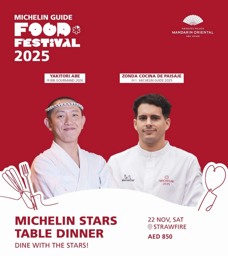 A promotional poster featuring two chefs, Yakitori Abe and Zonda Cocina de Paisaje, on a red background. Text indicates a Michelin Stars Table Dinner event at the Emirates Palace, Mandarin Oriental in Abu Dhabi, scheduled for November 22nd, with tickets priced at AED 850.
