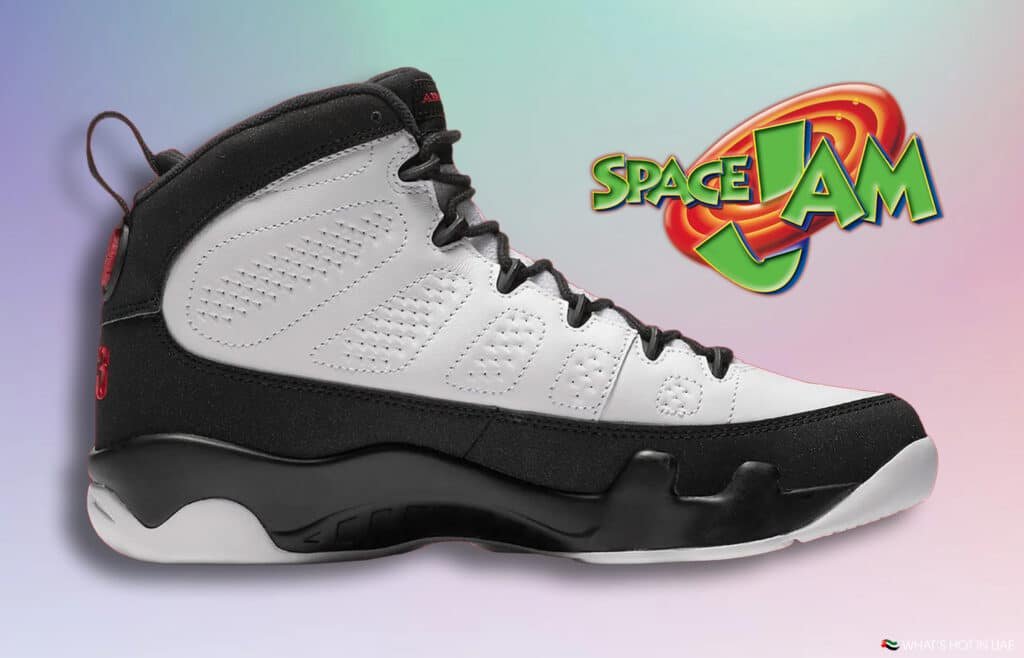 Air Jordan 9 Space Jam sneaker with red detailing, displayed against a pastel gradient background. The "Space Jam" logo is visible in the upper right corner.