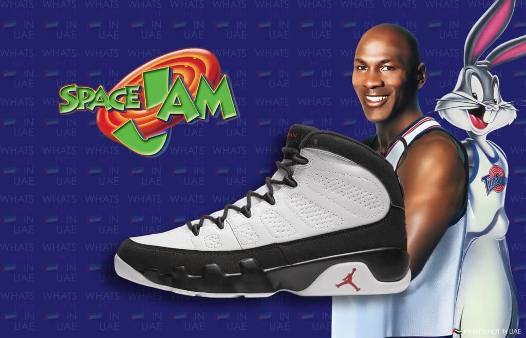 A promotional image for "Space Jam" featuring a cartoon character, a person in a basketball jersey, and a close-up of a black and white basketball shoe with a red logo, set against a background with the text "What's Hot in UAE."