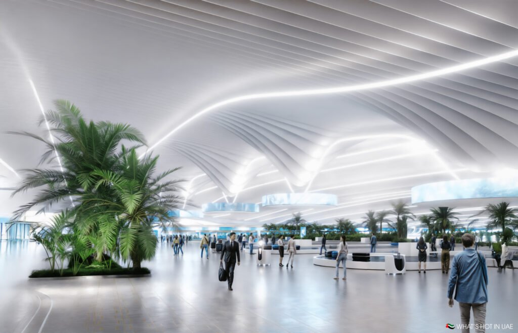 A futuristic airport interior with a sleek, wavy ceiling design, large skylights, and several palm trees. People walk around the spacious area, and there are luggage carousels and seating areas visible.